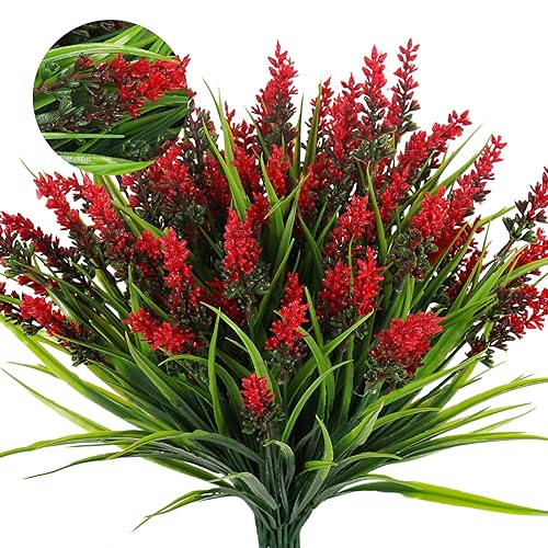 RECUTMS 12Pcs Fake Grass Plant,Fake Plants Outdoor, Artificial Grass, UV Resistant Faux Bushes Plastic Artificial Greenery Shrubs, Faux Greenery for House Garden Patio Front Porch Indoor Decor(Red) - color: Red
