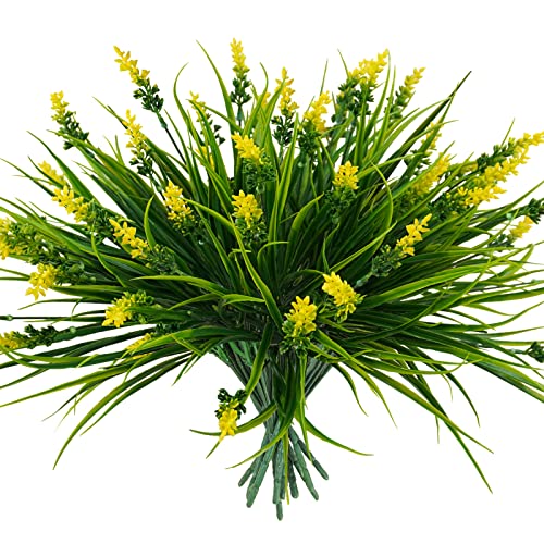 obbsie 36 Bundles Artificial Plants Outdoor, 18.2" UV Resistant Faux Monkey Grass Greenery Stems No Fade Faux Plastic Flowers Shrubs for Home Weddings Garden Porch Front Patio Office Decor - Yellow - color: Yellow, size: 36 Pcs