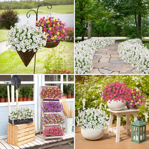 Bassion Artificial Flowers for Outdoors, 16 Bundles UV Resistant Fake Flowers Realistic Silk Faux Plants for Outdoor Planter Window Box Porch Patio Garden Home Outside Decorations - color: White
