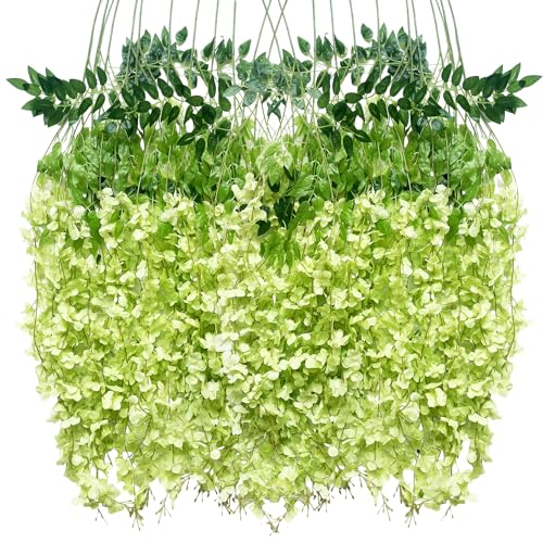 Artificial Wisteria Hanging Flowers Fake Wisteria Flower Garland Silk Vines Rattan Decor for Home Wedding Arch Wall Garden Greenery Bedroom Outdoor Office Party Decoration (12, Green) - color: Green