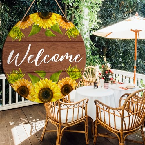 Muktoujaumai Welcome Sign Front Door Decor, Summer Welcome Round Hanging Sign Decor Farmhouse Sunflower Wall Decorations Wood Sign for Door, Porch, Home, Housewarming Gift for New House Friend Family - color: Y4