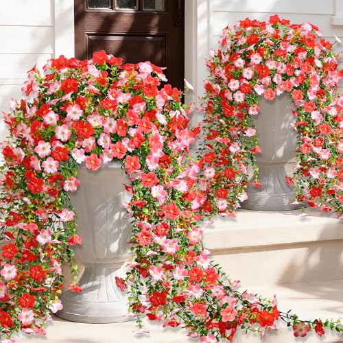 Waipfaru 4 Pcs Artificial Hanging Flowers for Outdoors, Fake Hanging Plants for Outdoor, UV Resistant Silk Faux Violet Flowers Spring Summer Decor for Planter Porch Patio Indoor Decoration, Red - color: Red