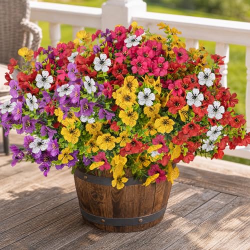 CLEANGOR 12 Pcs Artificial Flowers for Outdoors (6 Color) | UV Resistant Artificial Outdoor Plants, Fake Daisy with Eucalyptus Leaves, for Spring Summer Garden, Porch, Home Decor - color: Mix1(rose Red+purple+yellow+white+red+pink)