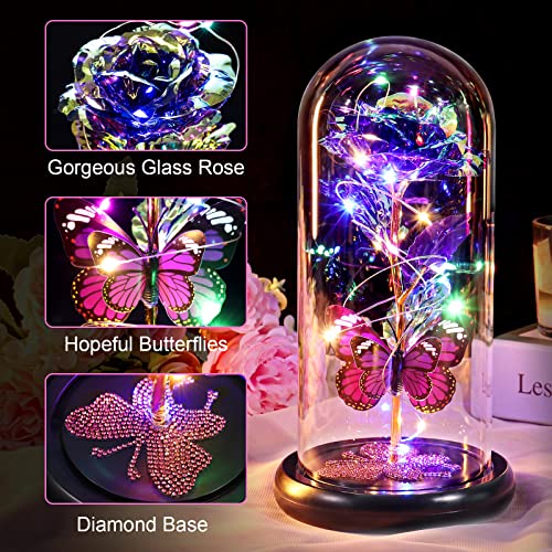 Mothers Day Birthday Gift for Mom from Daughter Son Purple Rose Eternal Flower Light Up Rose in Glass Dome with Butterfly, Mother's Flowers Gifts for Mom Women Wife Grandma Delivery Prime - color: Purple a