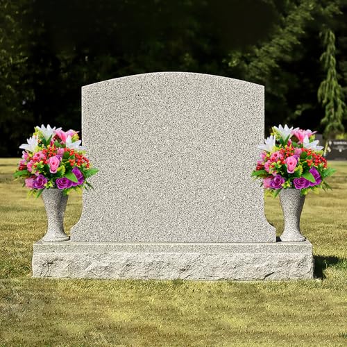 Set of 2 Artificial Cemetery Flowers, Artificial Rose Lily Grave Memorial Flowers with Black Plastic Vase for Cemetery Headstones Gravesite Decoration