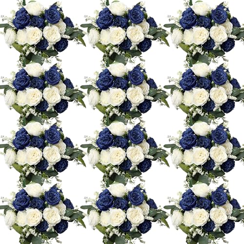 Peonies Artificial Flowers Bulk, 12 Bundles Fake Silk Peonies Faux Eucalyptus Bouquet Realistic Peony Floral Arrangement for Wedding Table Centerpiece Vase Decor (Royal Blue & White) - color: Royal Blue & White