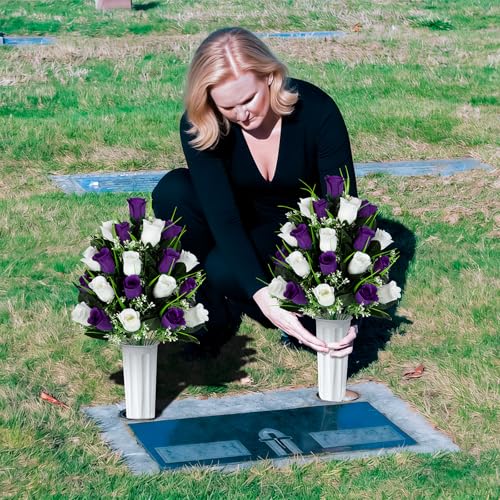 Artificial Cemetery Flowers - Set of 2 Grave Memorial Rose Flowers with Vase for Cemetery Headstones Gravesites Decoration (Purple & White) - color: Purple & White