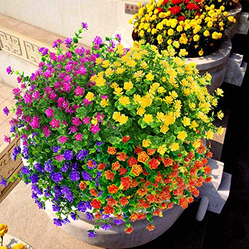8 Bundles Outdoor Artificial Fake Flowers UV Resistant No Fade Boxwood Faux Plastic Plants for Garden Patio Porch Window Box Home Wedding Farmhouse Décor (Yellow) - color: Yellow