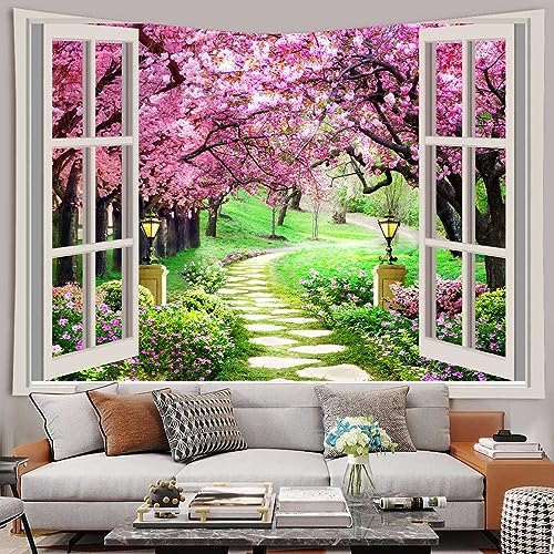 MEETSIOY Japanese Cherry Blossom Window Tapestry, 80x60 Inches, Pink Flowers, Botanical Floral Natural Landscape, Aesthetic Home Decor for Living Room, Bedroom, Nursery - color: Wiht window pattern, size: 80"L x 60"W