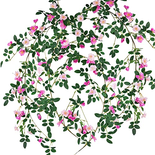 FiveSeasonStuff Fuchsia Pink Wild Rose Vine Garland, Two Faux Silk Floral Garlands with Greenery, Bendable Decorative Vines 12 ft Total - color: Fuchsia Pink