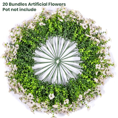 Lnoicy 20 Bundles Artificial Flowers for Outdoor Fake Plants for Spring Decoration,Faux Eucalyptus Flowers for Planter UV Resistant Lifelike for Home Porch Garden（White） - color: White