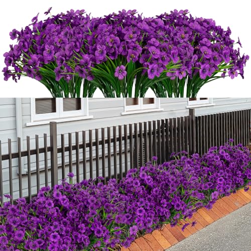 LikSoor 21 Bundles Artificial Outdoor UV Resistant Flowers No Fade Fake Outside Flowers Plastic Greenery Faux Shrubs Garden Porch Window Box Home Decoration(Violet) - color: Violet
