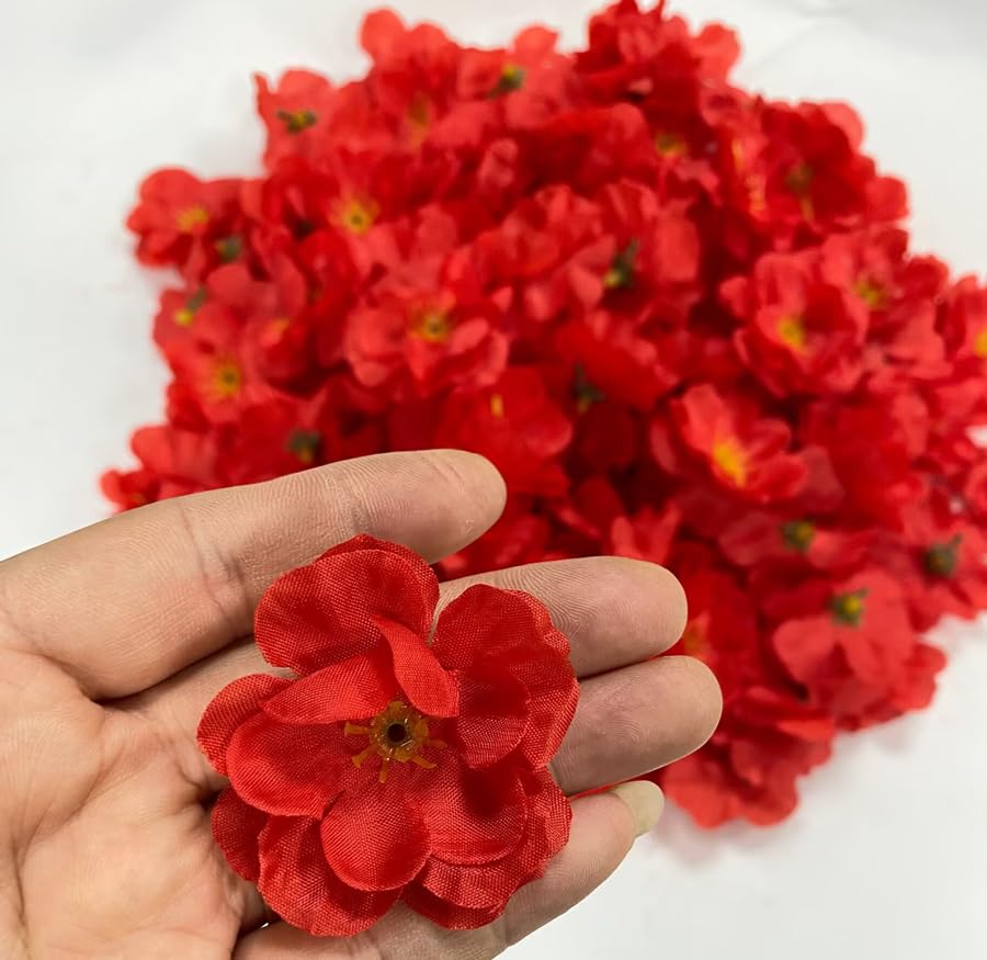 Rikyo 100 pcs Artificial Silk Cherry Blossom Flower Heads Spring Fake Plum Blossom Peach Blossom,Vase Fillers,Corsages for Wedding Decor,Nursery Wall,Archway Decor Wreath Garland Cake Ornaments (Red) - color: Red