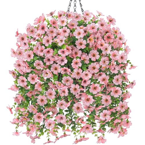 HyeFlora Artificial Hanging Flowers Basket for Outdoor, Fake Flowers Faux Plants Look Real for Yard Gardens Porch Patio Home (Pink) - color: Pink