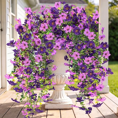 Artificial Fake Hanging Flowers Plants for Outdoor Outside Spring Summer Decoration 2PCS Faux Silk UV Resistant Realistic Mums Daisy with Eucalyptus for Home Porch Patio Balcony(Purple & Magenta) - color: Purple & Magenta