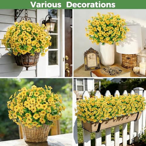 Roberly Artificial Flowers for Outdoors, UV Resistant Silk Faux Flowers Daisy with Eucalyptus Greenery Stems Fake Plastic Plants for Spring Summer Patio Garden Home Decor, 18 Bundles, Yellow - color: Yellow