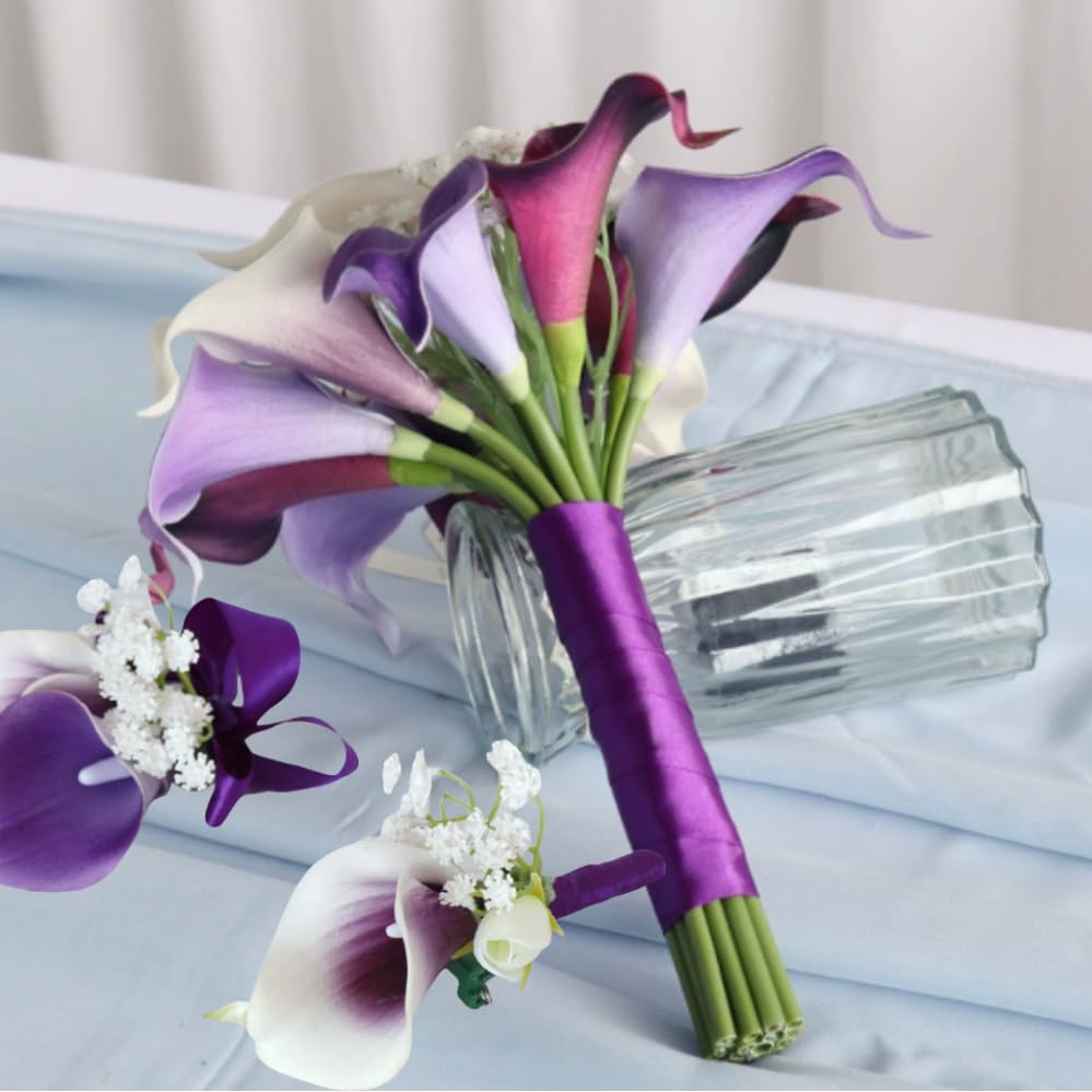 15pcs Artificial Flower Calla Lilies with Babys Breath 14" Mix Purple Flowers Bulk, Real Touch Plastic Flower for Wedding Bridal Bouquet Centerpiece,Spring Mother's Day Easter Home Decor