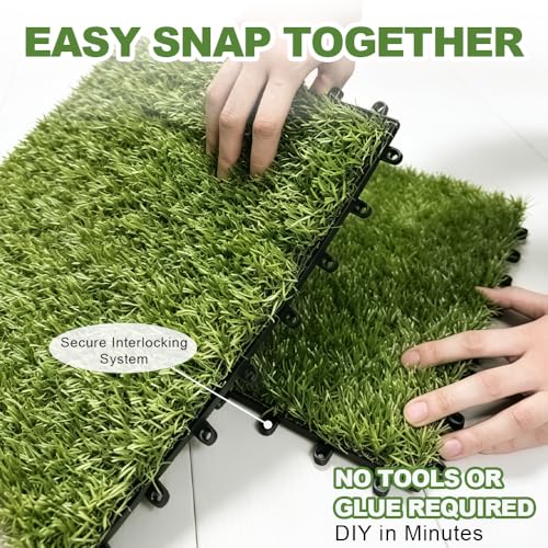 Qingbei Rina Artificial Grass Turf Tiles Interlocking 9 Pack, 12"x12" Outdoor Square Fake Grass Mat for Balcony Patio Deck Flooring, Pets Dog Pee Pad