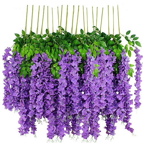 12pcs Artificial Wisteria Flowers 3.6 Feet/Piece Purple Dense Artificial Fake Wisteria Vine Ratta Hanging Garland Silk Flowers String Home Party Wedding Decor（Purple-Dense） - color: Purple, size: 12 PCS