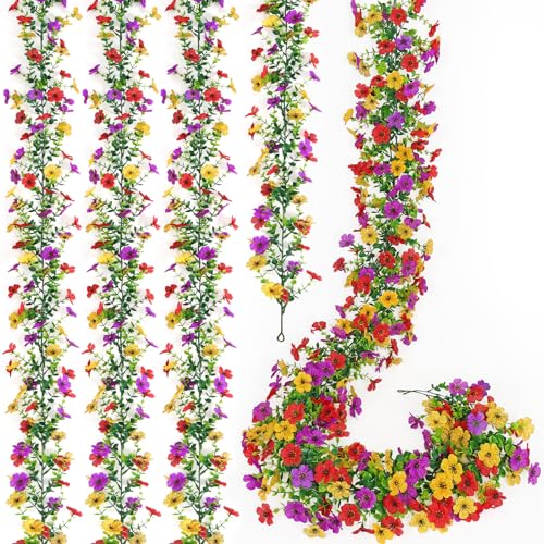 4 Pack Artificial Flower Garland,5.9FT UV Resistant Fake Daisy Floral Vine Silk Hanging Spring Wild Flower Garland for Home Mantle Garden Wedding Booth Backdrop Decor (Red Yellow Purple) - color: Red Yellow Purple, size: 4PCS