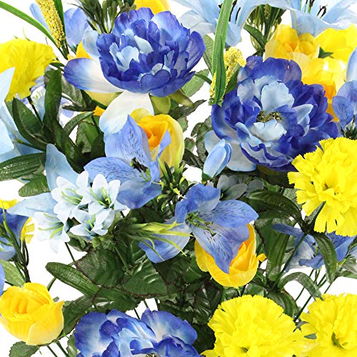 Admired by Nature 40 Stem Artificial Flowers Roses Lily Peony Mixed Bush Spring Faux Flower Arrangement - for Indoor Outdoor Wedding Home Decor, Cemeteries and Funerals, Events, Crafts - Blue/Yellow - color: Blue/Yellow