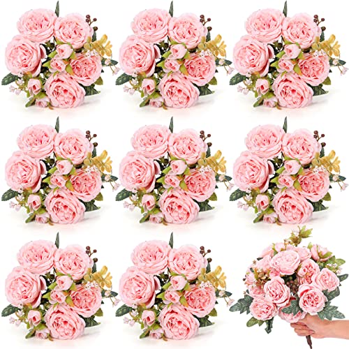 8 Bundles Artificial Peonies Flowers Boho Faux Flowers Arrangements Artificial Centerpiece Spring Bouquet Floral Wedding Decoration for Vase(Pink) - color: Pink
