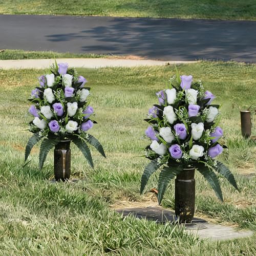 XONOR 2 Sets Artificial Cemetery Flowers, Grave Decorations Roses, Memorial Flowers Bouquet with Vase for Grave Cemetery Decoration (Light Purple&White) - color: Light Purple&white
