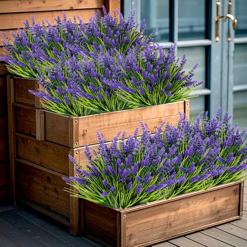 12 Bundles Artificial Plants Outdoor, UV Resistant Lavender Flowers Artificial Plastic Fake Lavender with Monkey Grass for Garden Porch Patio Yard Window Box Planter Decor(Grass with Purple Flowers) - color: Grass With Purple Flowers, size: 12 Bundles