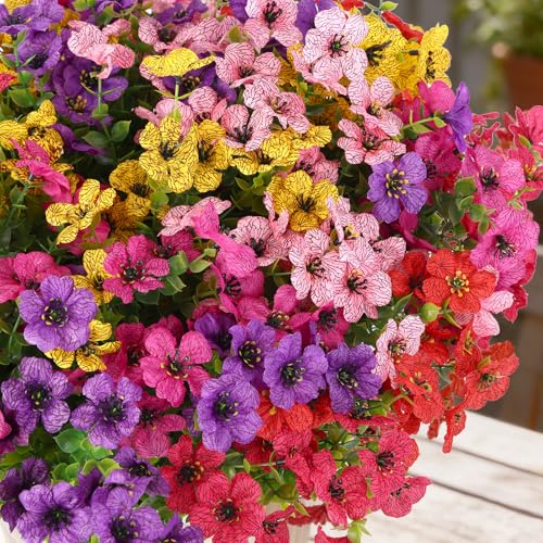 CEWOR Artificial Flowers for Outdoor Indoor, Fake Silk Daisy with Eucalyptus Leaves, Faux Flower for Garden Front Door Porch Planter Patio Home Decor (24 Bundles, 6 Multicolor) - color: 6 Color Daisy