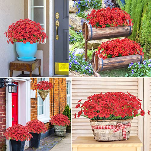 Ouddy Decor 24 Bundles Artificial Flowers for Decorations Fake Silk Plants for Outdoors UV Resistant Faux Plastic Greenery Stems for Garden Porch Window Box Home Spring Decor, Red - color: Red, size: 24 Bundles