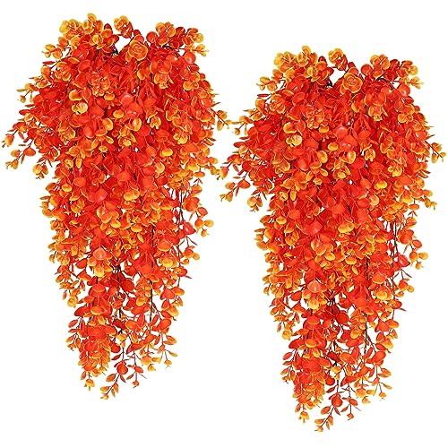 RECUTMS Fall Artificial Flowers Fake Hanging Eucalyptus Leaf Plants 4Pcs 2.7Ft Fake Plastic Plant for Home Room Garden Patio Indoor Outdoor Shelf Office Front Porch Thanksgiving Party Greenery Decor - color: Gold