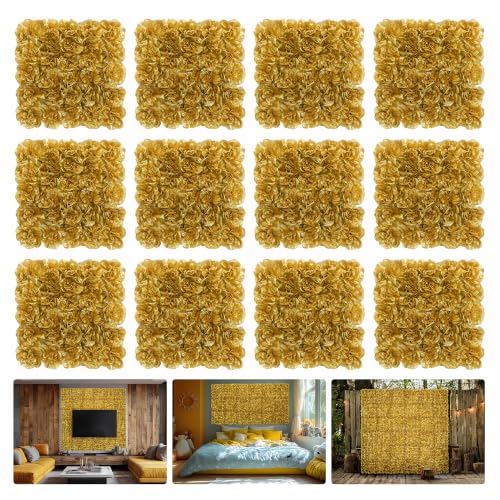 Flower Wall Backdrop12 pcs 16.5x16.5 Inch Floral Wall Panel Artificial Silk Rose Wall Decor Ideal for Wedding Celebrations, Festive Party Backdrops, and Home Decor-Gold - color: Gold, size: 16.5inch