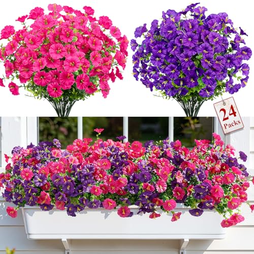 Alupssuc 24 Bundles Artificial Flowers for Outdoors, Faux Spring Flowers for Decoration, UV Resistant Silk Morning Glory with Eucalyptus Realistic Fake Flowers for Yard Planter Porch, Purple Fuchsia - color: Deeppurple & Fuchsia