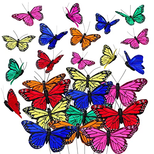 24 Pcs Monarch Butterfly Decorations 4 Size Artificial Monarch Feather Fake Butterfly Picks Crafts with Wire for Wall Flower Pot Spring Floral Party Home Decor(Bright Colors) - color: Bright Colors