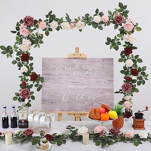 Senseya 5FT Artificial Rose Flower Garland - Burgundy Fake Floral Vine with Rose Leaves, Runner Rustic Flower Garland for Wedding Arch Backdrop, Table Runner Centerpieces, Party Home Mantel Decor - color: Burgundy