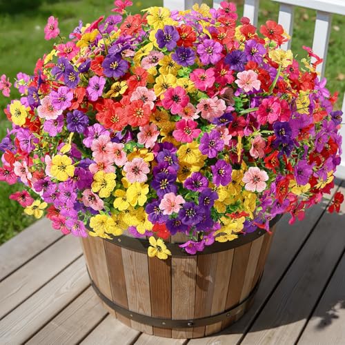 Alupssuc 24 Bundles Artificial Flowers for Outdoors Decoration, UV Resistant Silk Faux Floral Spring Fake Plastic Plants Greenery for Outside Indoor Patio Porch Window Box Home Decor, Mix 6 Colors - color: Red Rose Purple Deeppurple Yellow Pink