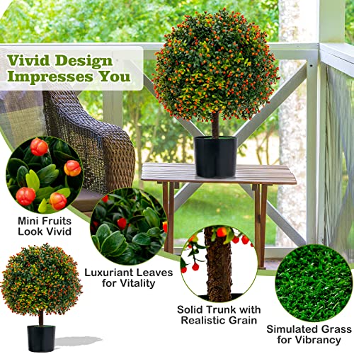 Goplus 22'' Artificial Boxwood Topiary Ball Tree, Set of 2 UV Resistant Faux Potted Plants Artificial Shrubs Bushes with Orange Fruits, Fake Evergreen Artificial Topiary for Home Front Porch Decor - color: Orange