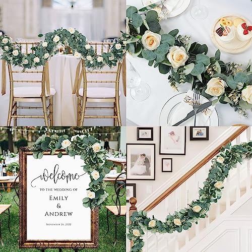Ouddy Decor Eucalyptus Garland 6.56 Ft Lush Silver Dollar Leaves Boxwood Artificial Faux Greenery Vines for Baby Shower Wedding Party Table Runner Room Home Mantle Decor, Champagne - color: Champagne, size: 1 Pack