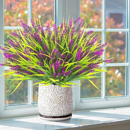 Grunyia 20 Bundles Artificial Plants Outdoor Fake Monkey Grass with Flowers (Fuchsia) - color: Fuchsia