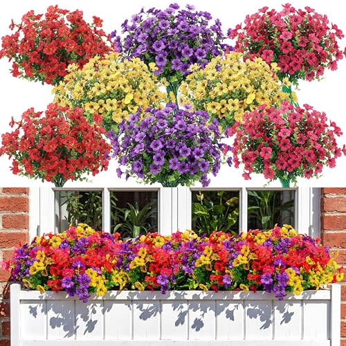 CEWOR Artificial Flowers for Outdoor Indoor, Fake Silk Daisy with Eucalyptus Leaves, Faux Flower for Garden Front Door Porch Planter Patio Home Decor (24 Bundles, Mix Red Purple Yellow Fuchsia) - color: 4 Color Daisy
