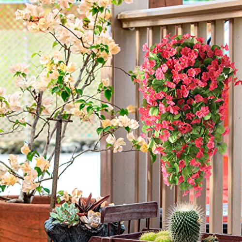 ZFProcess Artificial Fake Hanging Flowers Plants for Outdoor Spring Summer Decoration, 2PCS Faux Silk Violet UV Resistant Look Real Trailing Vines for Outside Home Planter Porch Patio(Rose red) - color: Rose Red