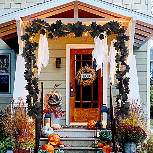 Black Maple Leaf Garland, 2PCS Halloween Artificial Hanging Fall Leave Vines, Fall Floral Garlands Thanksgiving Decor for Home Wedding Party (11.8FT) - color: 2 Black