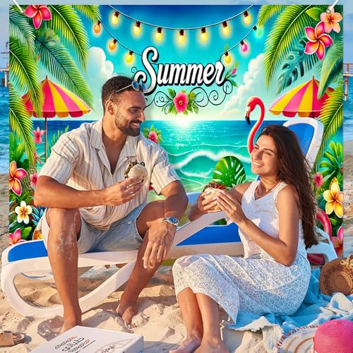 BlissYard Summer Beach Backdrop 8x6ft Flamingo Tropical Party Ocean Seaside Photo Booth Background for Birthday Pool Party Luau Event Coastal Decoration Indoor Outdoor Wall Banner - color: Summer Beach#04