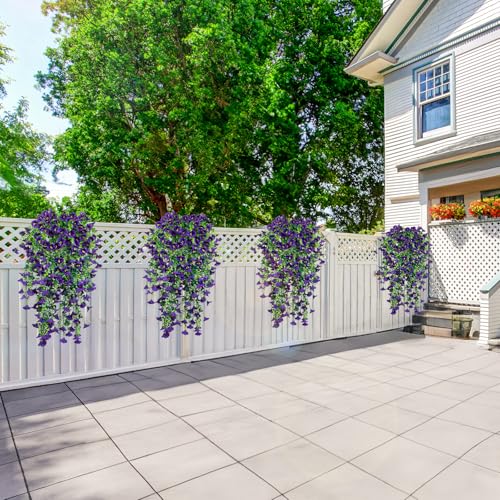 4 Pack Artificial Faux Hanging Flowers Plant for Outdoor, Fake Silk Morning Glory with Eucalyptus UV Resistant Realistic Trailing Vine for Wall Home Porch Patio Balcony Yard Indoor Decor, Purple - color: Purple