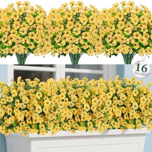 Bassion Artificial Flowers for Outdoors, 16 Bundles UV Resistant Fake Flowers Realistic Silk Faux Plants for Outdoor Planter Window Box Porch Patio Garden Home Outside Decorations - color: Yellow