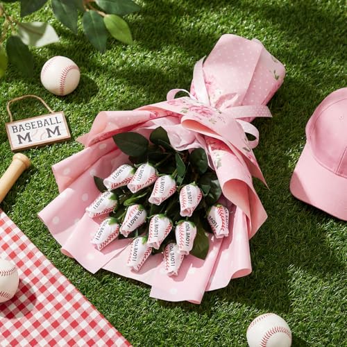 Suhine 12 Pcs Artificial Baseball Rose Flower Gifts for Father's Day Flower Coach Boyfriend Boyfriend Sports Party Favors Bulk for Birthday Wedding Party Centerpieces(Love Color, Normal) - color: Love Color, size: Normal