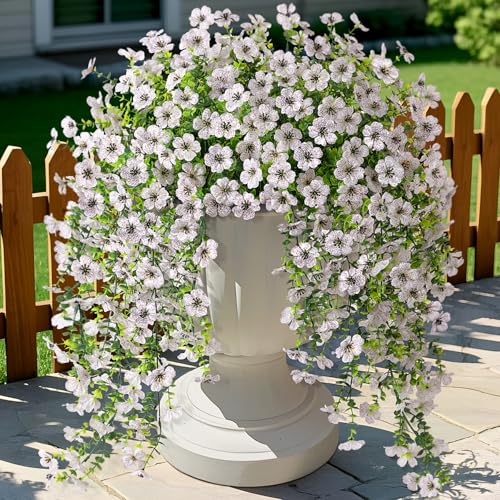 Ammyoo Artificial Hanging Flowers for Outdoors Faux Plants Decoration, 2 Packs Fake Silk Daisy Flower Realistic Outdoor Flowers UV Resistant Porch Patio Window Yard Outside Decor(White) - color: White