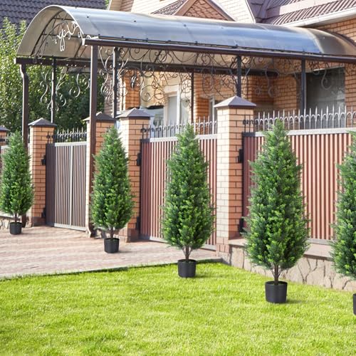 4FT Tall Artificial Cedar Topiary Trees Set of 2, Artificial UV Resistant Potted Plants, Faux Bushes Fake Shrubs for Outdoor Indoor Home Entryway Front Porch Garden Patio Offices Living Room Decor