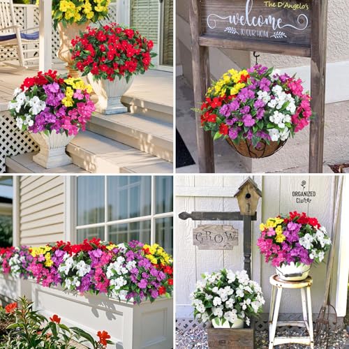 Ouddy Decor 6 Bundles Artificial Impatiens Flowers for Outdoors Decoration, Silk Flowers Bouquet Fake Plants UV Resistant for Spring Summer Garden Porch Window Box Balcony Home Decor, Multicolor - color: Multi Color