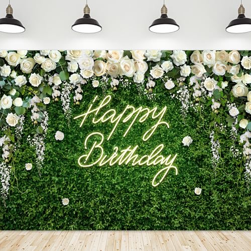 Riyidecor Green Leaves Birthday Backdrop Polyester Fabric for Women Flower Wall 8Wx6H Feet White Rose Floral Elegant Happy Birthday for Girls Photography Background Birthday Party Photo Studio Shoot - color: A-Birthday （White Rose）, size: 8Wx6H